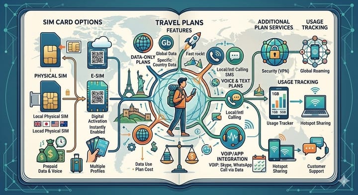 SIM cards, a smartphone, and international data plan packaging on a flat surface