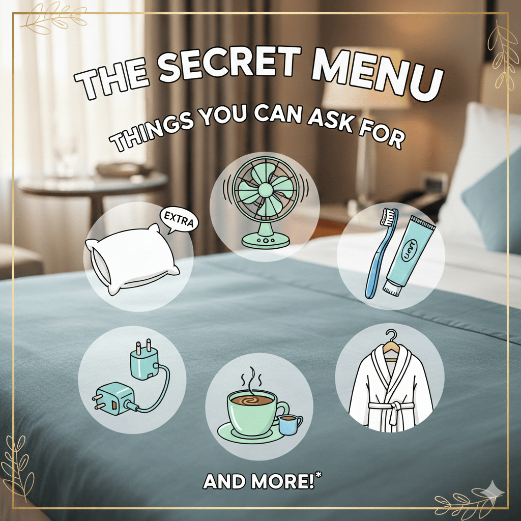 Illustrated hotel concierge desk with a hidden menu board behind a curtain