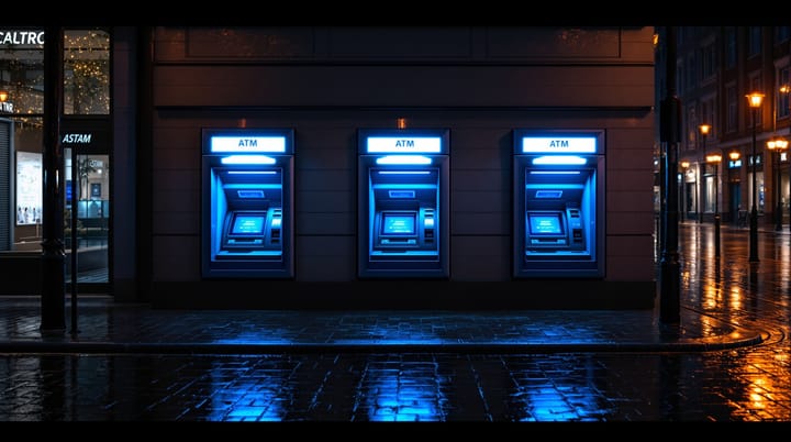 ATM machines on a wet European street at night