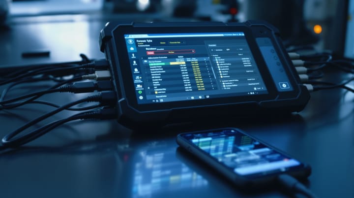 Forensic extraction device connected to a smartphone at a border inspection station