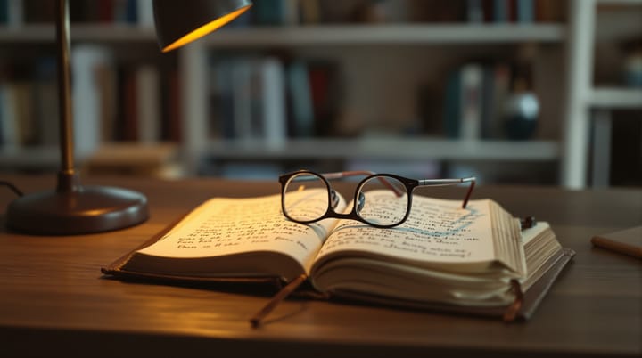 Open handwritten notebook on a desk with reading glasses and warm lamplight