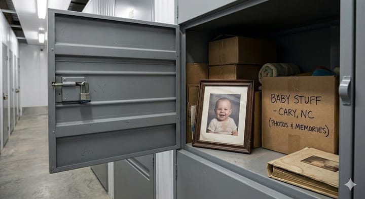 Storage locker with baby photos—the only things Lee Rosen doesn't carry while traveling full-time