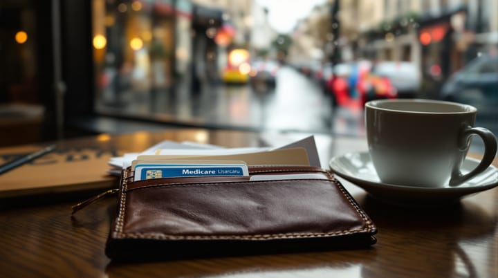 A Medicare card in a travel wallet beside an espresso on a café table