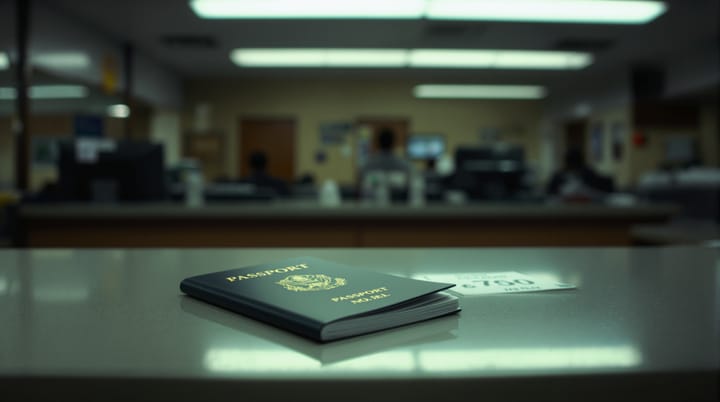 A worn passport on a government counter