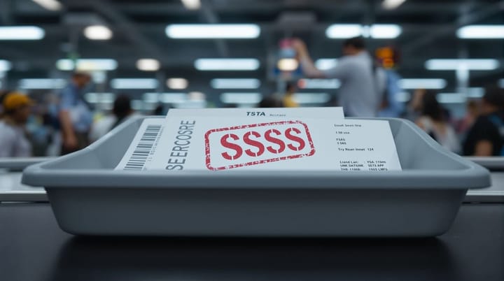 Airport security tray with SSSS-stamped boarding pass