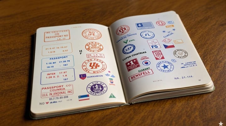 Open passport with colorful stamps from many countries