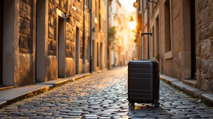 Rolling suitcase on cobblestone European alley at golden hour