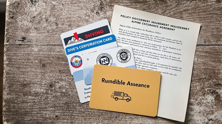 Membership cards and insurance policy on rustic wooden surface