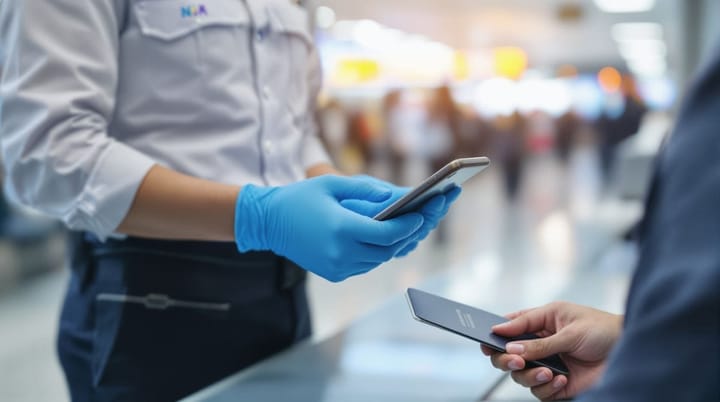 Immigration officer in blue gloves examining traveler smartphone