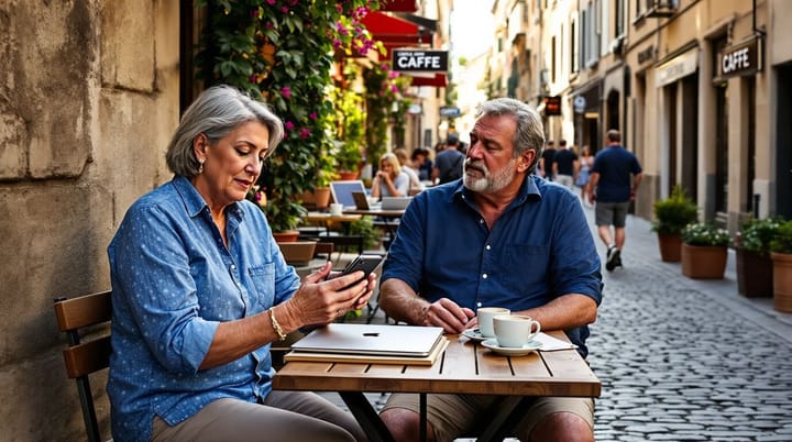 Older couple at outdoor European cafe with laptops and coffee