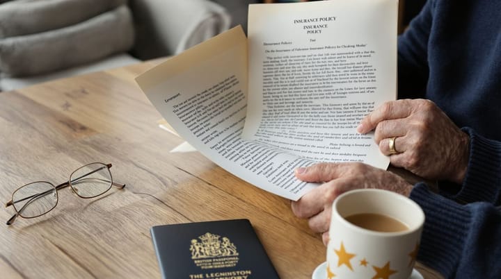 Elderly hands reading insurance policy with passport and tea