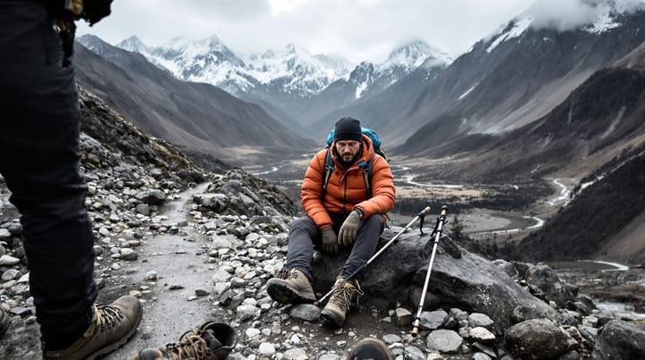 Exhausted hiker in orange jacket sitting on rock in Himalayas