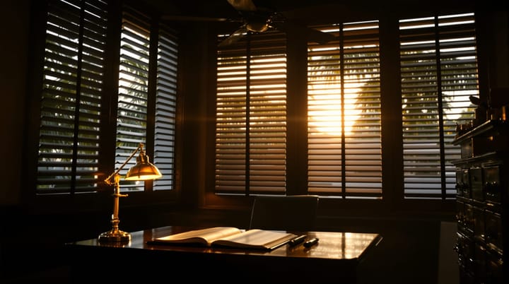 Colonial-era tropical office with a banker's lamp and old filing cabinets