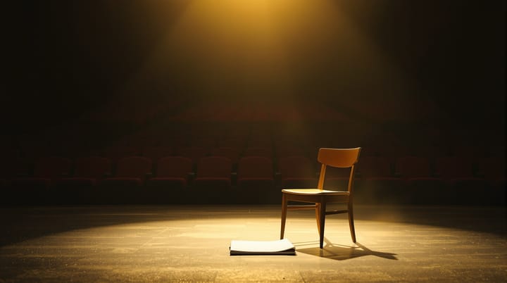 An empty wooden chair under a single spotlight on a bare stage, a folder of papers on the floor beside it, rows of empty theater seats in the dark beyond