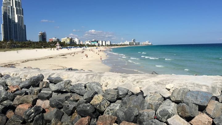 South Beach and the Miami Beach skyline seen from the rocks at South Pointe