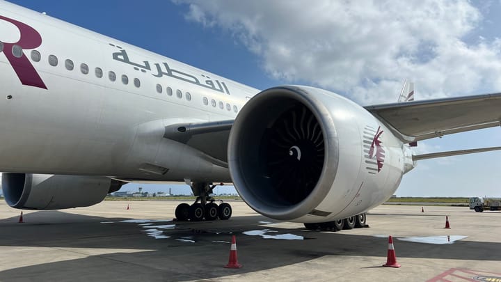 A close view of a Qatar Airways engine