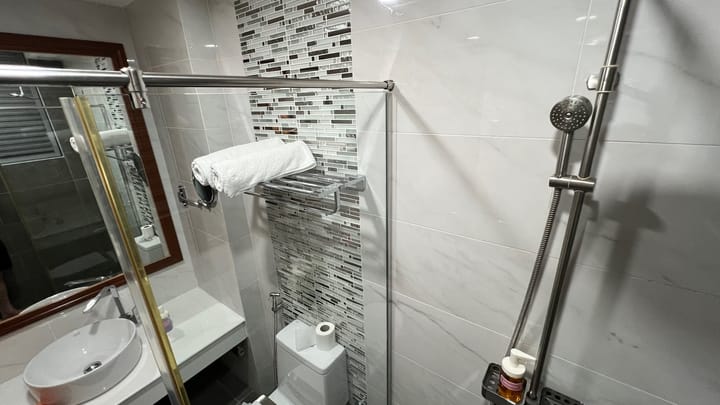 A hotel shower with a glass screen, hand shower and towel rail in the Maldives